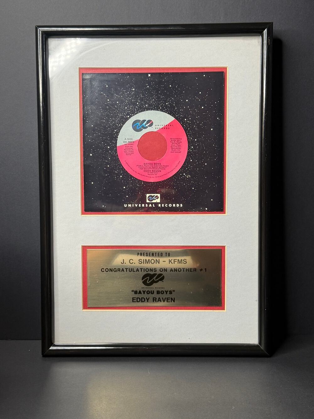 Eddy Raven Bayou Boys 1989 Framed 7" Vinyl Radio Award KFXS J.C. Simon Universal
